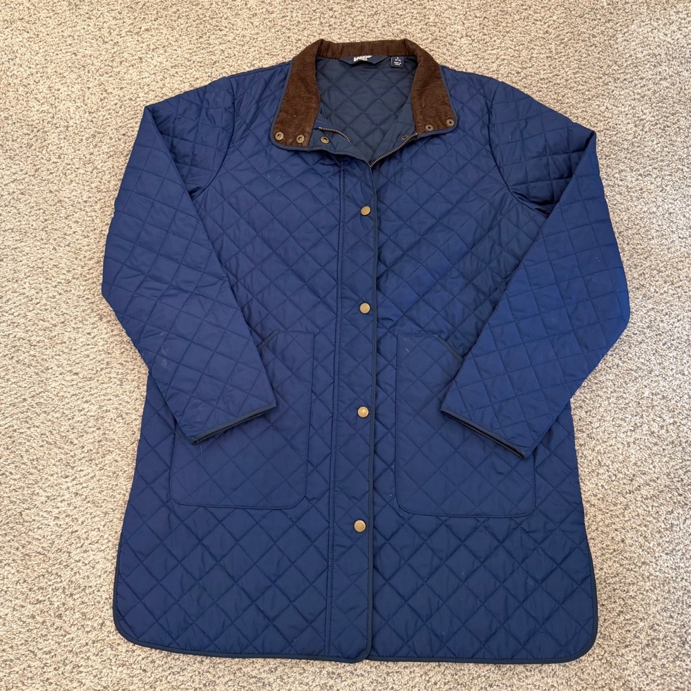 Lands End Womens Navy Blue Quilted Barn Coat Corduroy Collar Jacket Large 14-16